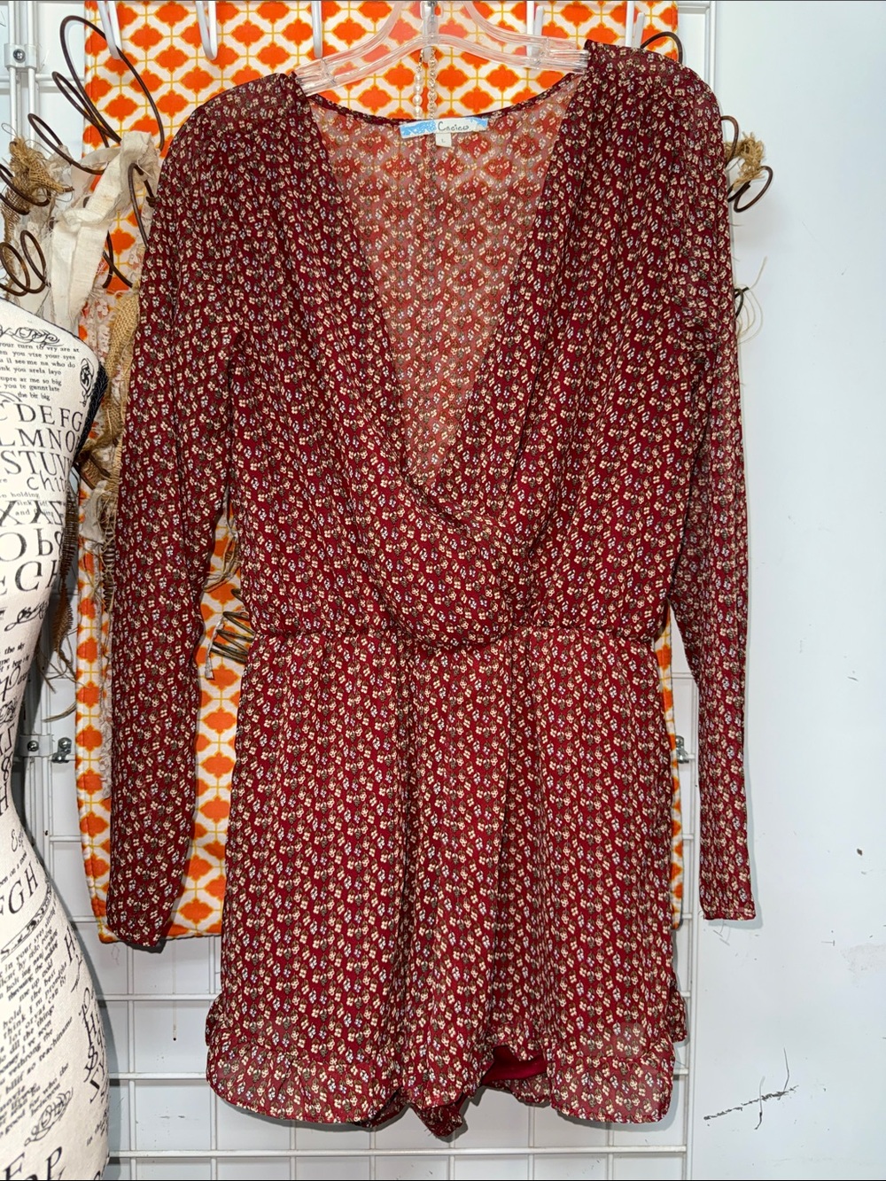 Cecico Burgundy Floral Long Sleeve Wrap Romper